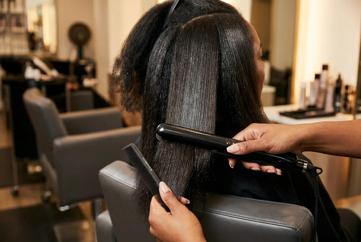 Master stylist performing a precision silk press on Type 4 textured hair using a ceramic flat iron and carbon comb chase method in a luxury salon with mirror shine finish