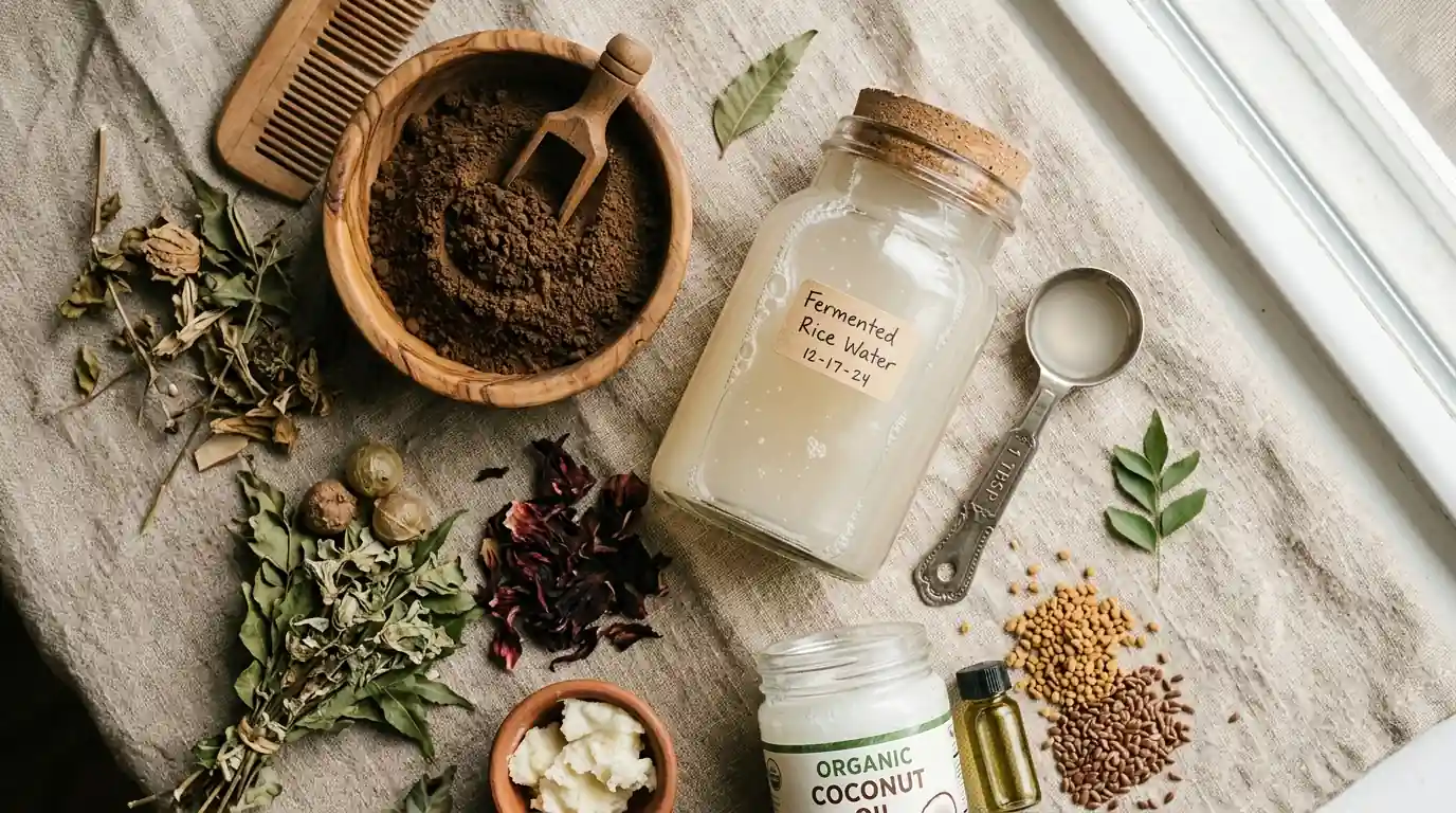 Natural hair care ingredients flatlay with chebe powder in wooden bowl and fermented rice water in glass jar with measuring spoon on textured fabric