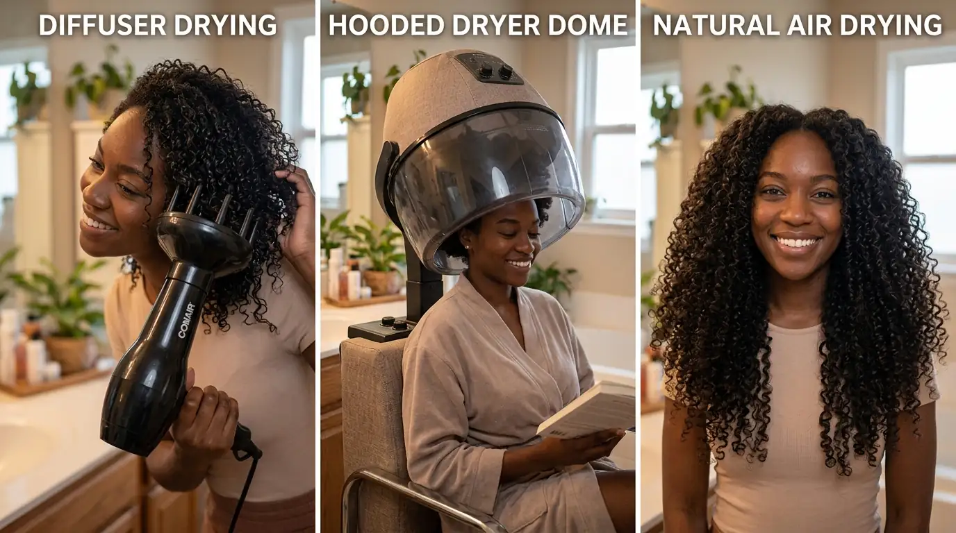 Three-panel comparison showing diffuser attachment on blow dryer, hooded dryer dome chair, and natural air drying with defined curls on Type 4 hair