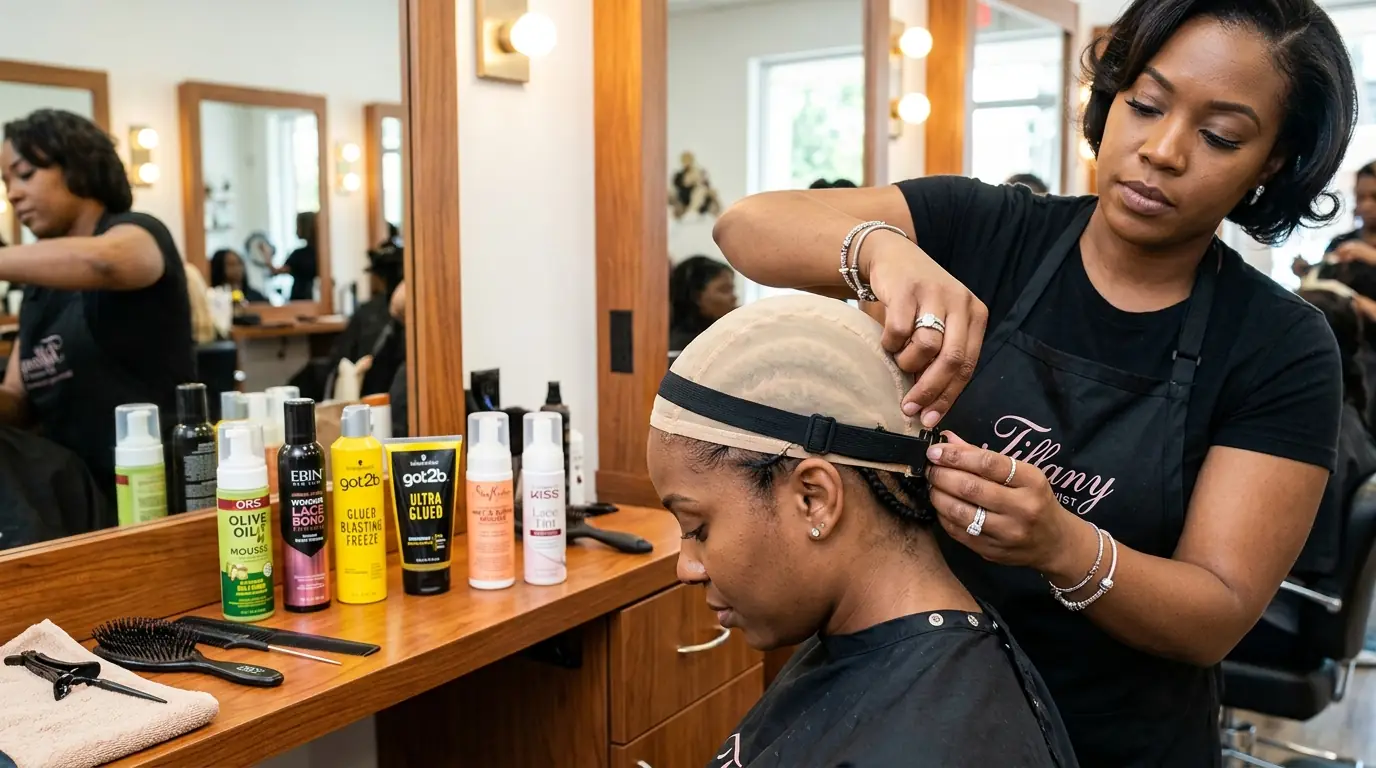 Professional wig installation demonstration showing elastic band placement on wig cap with mousse melting product lineup on salon styling station