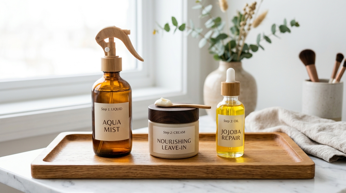 Three amber cosmetic bottles lined up representing Liquid, Cream, and Oil layering steps for textured hair care