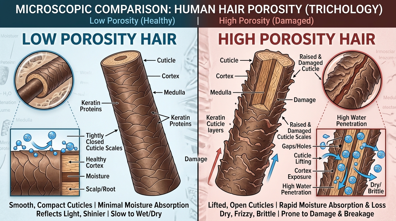 Comparative illustration showing tight flat low porosity hair cuticles alongside raised open high porosity cuticles