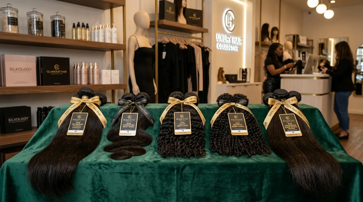 Premium raw hair bundles displayed on luxury velvet surface showing different textures and grades with professional lighting and beauty supply retail backdrop