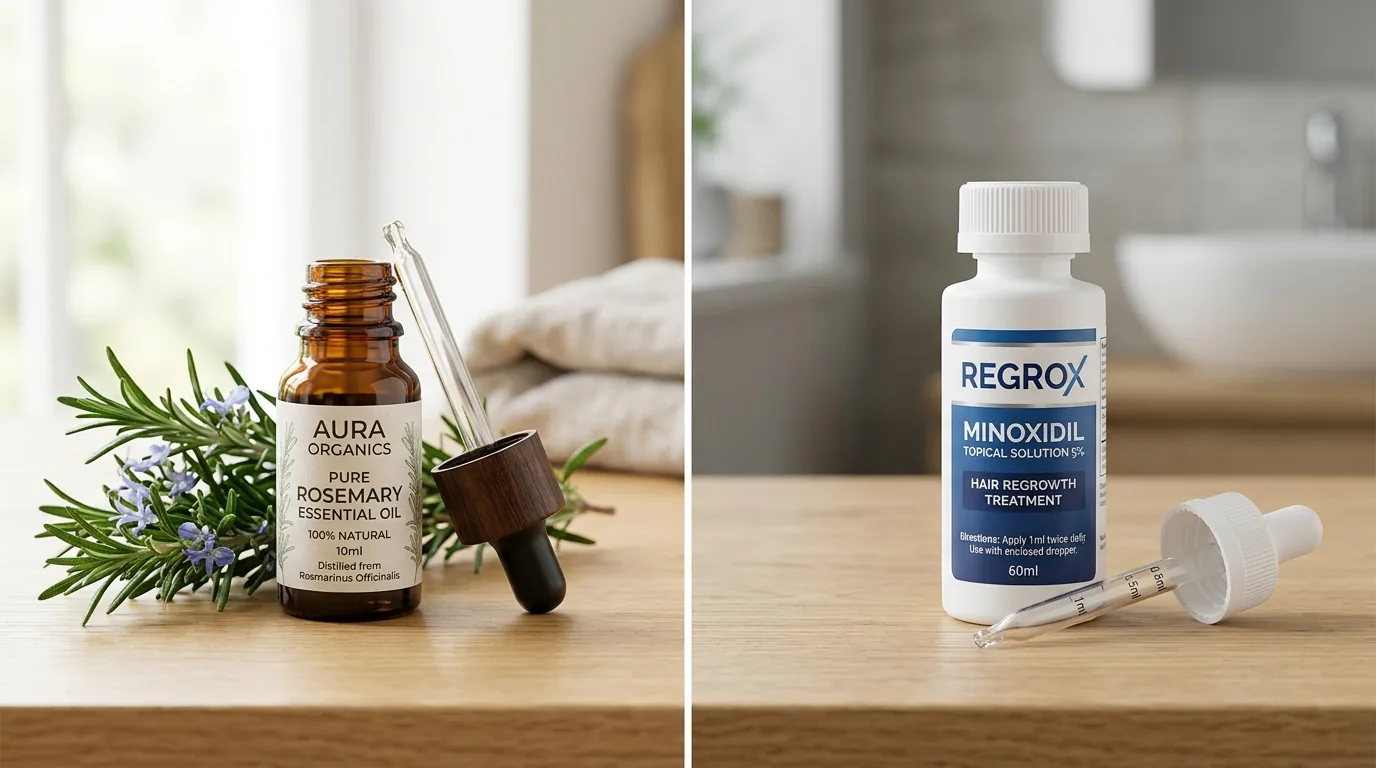 Split comparison of rosemary essential oil bottle with fresh rosemary sprigs and minoxidil pharmaceutical bottle with dropper applicator on clean surface