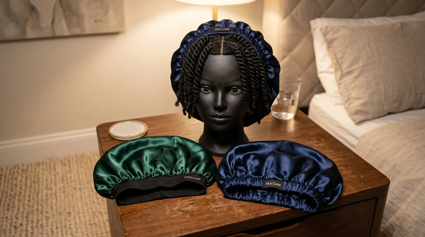 Elegant satin bonnet and silk bonnet side by side on bedside table with textured hair mannequin head showing overnight protective styling