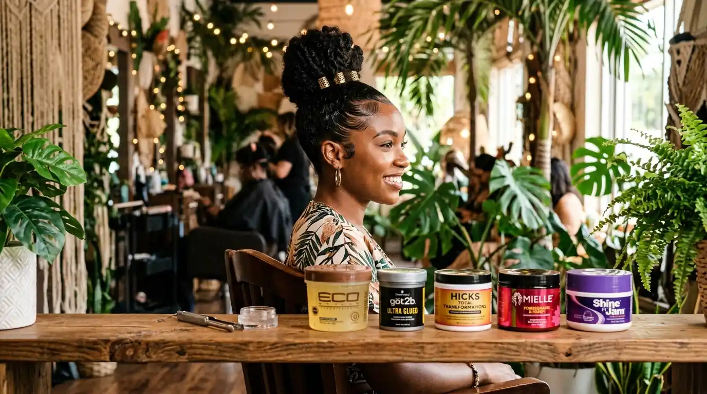 Styled edges on textured hair with multiple edge control product jars lined up for comparison testing in tropical salon setting with palm plants