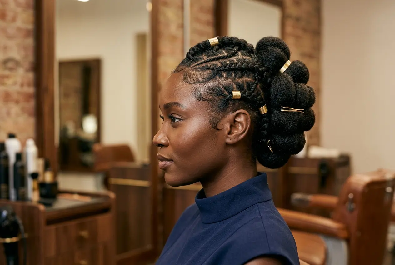 Professional macro photography of an architectural, sculptural red-carpet updo on Type 4 textured melanin-rich afro hair with gold accents and tension-free edges