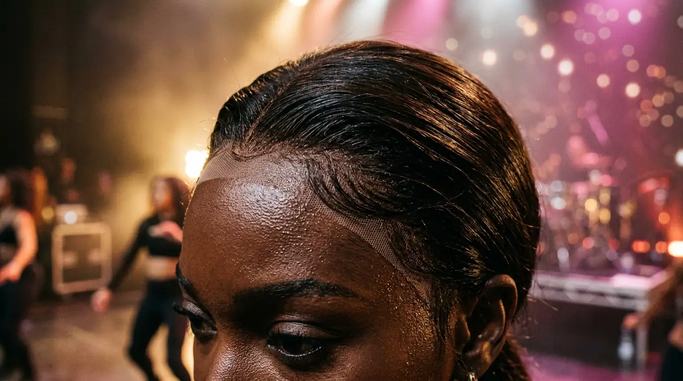 Professional macro photography of an undetectable ultra-thin HD Swiss lace hairline melting flawlessly into deep rich brown melanin skin during a high-energy stage performance with concert lighting