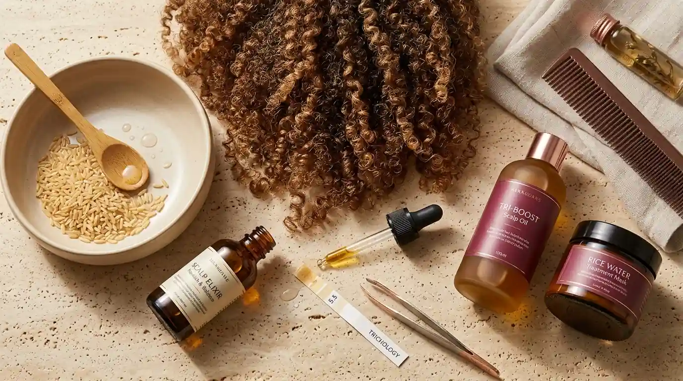 High-end luxury salon flat lay of textured hair coils, trichology pH testing strip, ceramic bowl of rice grains, amber dropper bottles of scalp elixirs
